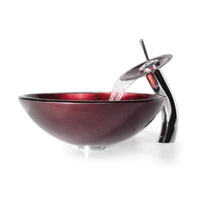 Kraus Irruption Glass Vessel Sink in Red with Single Hole Single-handle Waterfall Faucet - Chrome