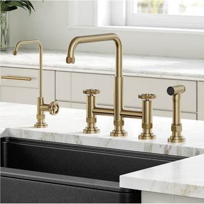 Kraus Urbixe Industrial Bridge Kitchen Faucet and Water Filter Faucet Combo - Brushed Gold by Kraus