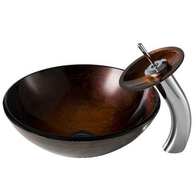 Kraus Copper Brown Glass Bathroom Vessel Sink and Waterfall Faucet Combo Set with Matching Disk... by Kraus