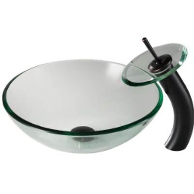 Clear Glass Bathroom Vessel Sink and Waterfall Faucet Combo Set with Matching Disk and Pop-Up Drain, Oil Rubbed Bronze Finish by Kraus