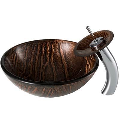 Nature SeriesE Brown Glass Bathroom Vessel Sink and Waterfall Faucet Combo Set with Matching Disk and Pop-Up Drain, Chrome Finish by Kraus