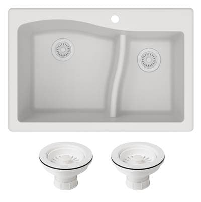 Kraus Quarzae 33- Dual Mount 60/40 Double Bowl Granite Kitchen Sink and Strainers - White by Kraus