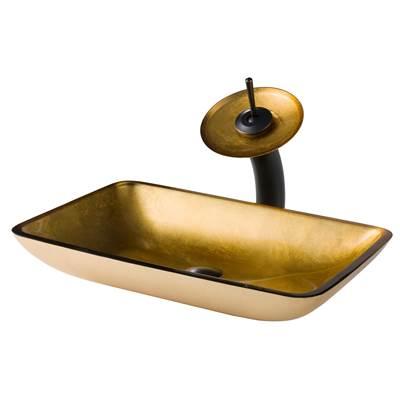 Rectangular Gold Glass Bathroom Vessel Sink and Waterfall Faucet Combo Set with Matching Disk and Pop-Up Drain, Oil Rubbed Bronze Finish