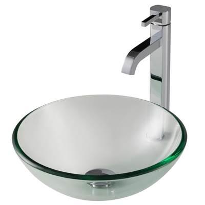 14-inch Clear Glass Bathroom Vessel Sink and RamusE Faucet Combo Set with Pop-Up Drain, Chrome Finish by Kraus