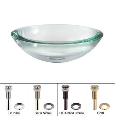 34 mm Thick Glass Vessel Sink in Clear with Pop-Up Drain and Mounting Ring in Satin Nickel by Kraus