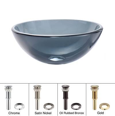 14 Inch Glass Vessel Sink in Clear Black with Pop-Up Drain and Mounting Ring in Satin Nickel by Kraus