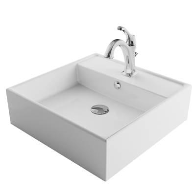 ElavoE 18 1/2-inch Square White Porcelain Ceramic Bathroom Vessel Sink with Overflow and ArloE Faucet Combo Set with Lift Rod Drain, Chrome Finish