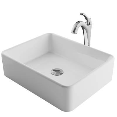ElavoE 19-inch Modern Rectangular White Porcelain Ceramic Bathroom Vessel Sink and ArloE Faucet Combo Set with Pop-Up Drain, Chrome Finish by Kraus