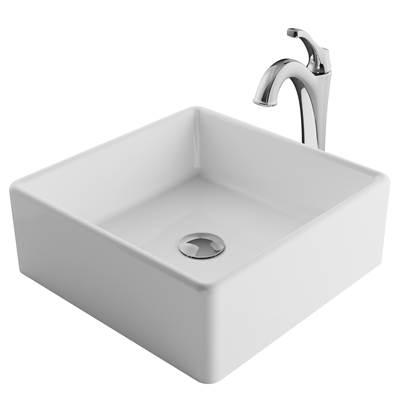 ElavoE 15-inch Square White Porcelain Ceramic Bathroom Vessel Sink and ArloE Faucet Combo Set with Pop-Up Drain, Chrome Finish