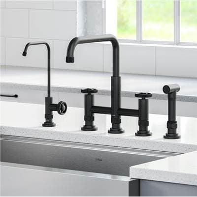 Kraus Urbixe Industrial Bridge Kitchen Faucet and Water Filter Faucet Combo - Matte Black