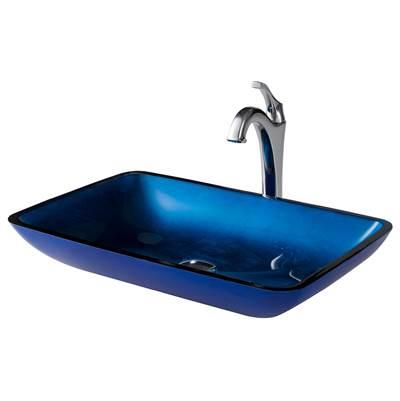 22-inch Rectangular Blue Glass Bathroom Vessel Sink and ArloE Faucet Combo Set with Pop-Up Drain, Chrome Finish