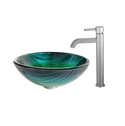 Kraus Nei Glass Vessel Sink in Green with Ramus Faucet - Satin Nickel by Kraus