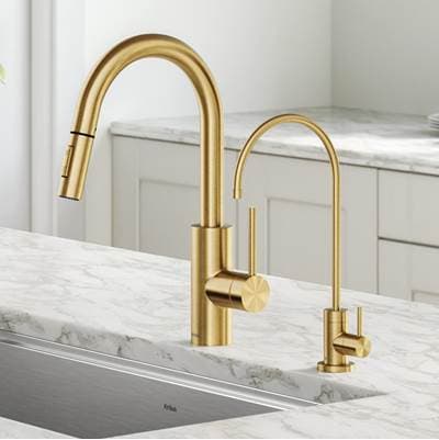 Kraus Olettoe Pull-down Kitchen Faucet and Puritae Water Filter Faucet Combo - Brushed Brass