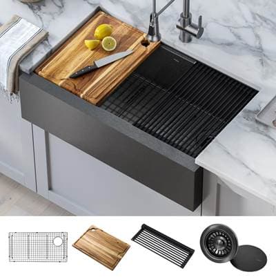 Kraus Koree Workstation 33- Farmhouse Modern Flat Apron Front 16 Gauge Black Stainless Steel...