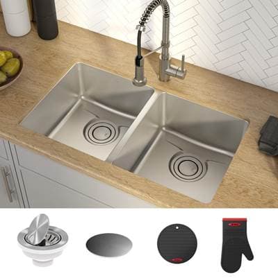 Kraus Dexe 33-Inch Undermount 50/50 Double Bowl Tru16 Gauge Stainless Steel Kitchen Sink with...