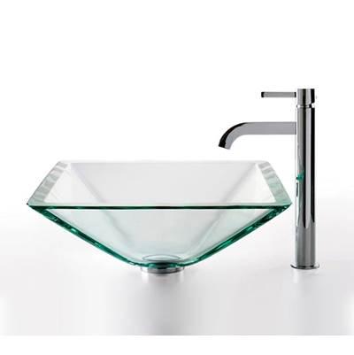 Square Glass Vessel Sink in Clear with Ramus Faucet in Chrome by Kraus
