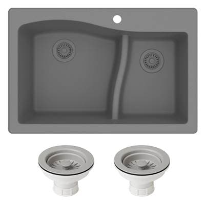 Kraus Quarzae 33- Dual Mount 60/40 Double Bowl Granite Kitchen Sink and Strainers - Grey by Kraus