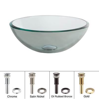 14 Inch Glass Vessel Sink in Clear with Pop-Up Drain and Mounting Ring in Satin Nickel by Kraus