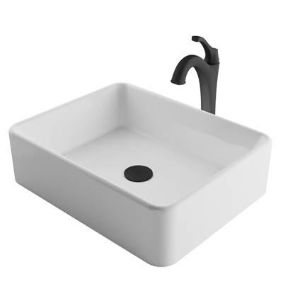 ElavoE 19-inch Modern Rectangular White Porcelain Ceramic Bathroom Vessel Sink and Matte Black ArloE Faucet Combo Set with Pop-Up Drain by Kraus