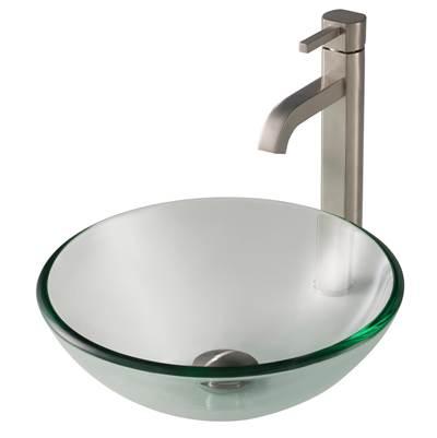 14-inch Clear Glass Bathroom Vessel Sink and RamusE Faucet Combo Set with Pop-Up Drain, Satin Nickel Finish