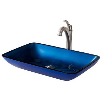 22-inch Rectangular Blue Glass Bathroom Vessel Sink and Spot Free ArloE Faucet Combo Set with Pop-Up Drain, Stainless Brushed Nickel Finish by Kraus