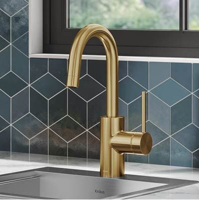 Kraus Olettoe Single Handle Kitchen Bar Faucet with Quickdocke Top Mount Assembly in Brushed Brass by Kraus