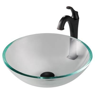 16 1/2-inch Crystal Clear Glass Bathroom Vessel Sink and ArloE Faucet Combo Set with Pop-Up Drain, Oil Rubbed Bronze Finish by Kraus