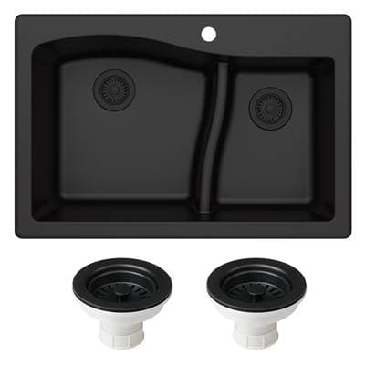 Kraus Quarzae 33- Dual Mount 60/40 Double Bowl Granite Kitchen Sink and Strainers - Black