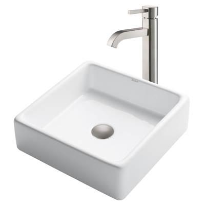 15-inch Square White Porcelain Ceramic Bathroom Vessel Sink and RamusE Faucet Combo Set with Pop-Up Drain, Satin Nickel Finish