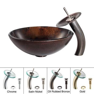 Pluto Glass Vessel Sink in Brown with Waterfall Faucet in Oil Rubbed Bronze