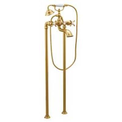 Moen Brushed gold two-handle tub filler includes hand shower by Moen