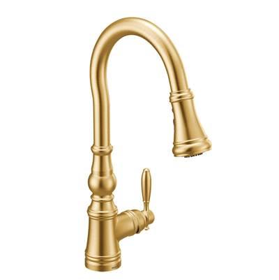 Moen Weymouth Shepherd''s Hook Pulldown Kitchen Faucet Featuring Metal Wand with Power Boost, Brushed Gold by Moen