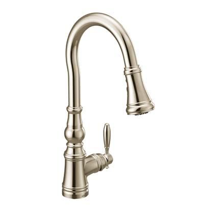 Moen Weymouth Shepherd''s Hook Pulldown Kitchen Faucet Featuring Metal Wand with Power Boost, Polished Nickel by Moen