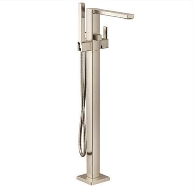 90 Degree One-Handle Freestanding Floor Mount Tub Filler with Handshower, Brushed Nickel