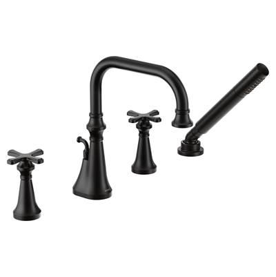 Colinet Two Handle Deck-Mount Roman Tub Faucet Trim with Cross Handles and Handshower, Valve Required, in Matte Black by Moen