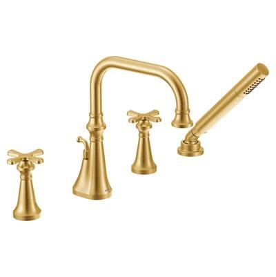 Colinet Two Handle Deck-Mount Roman Tub Faucet Trim with Cross Handles and Handshower, Valve Required, in Brushed Gold by Moen