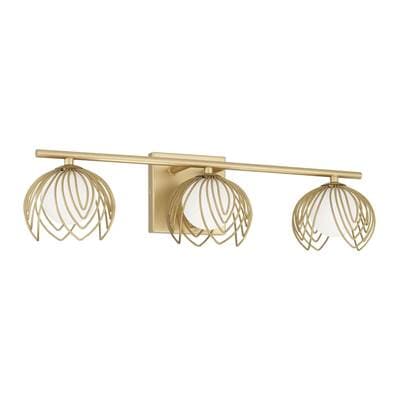 22.75'' W x 6.25'' H 3-Light Vanity in Buffed Gold with Bent Wire Flower Petals and Soft White Glass Globes