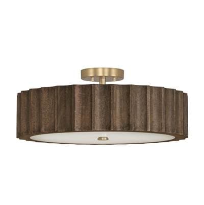 20'' W x 8.25'' H 4-Light Reversed-Flute Handcrafted Mango Wood Drum Semi Flush in Nordic Wood with Matte Brass and White Glass Diffuser by Capital Lighting