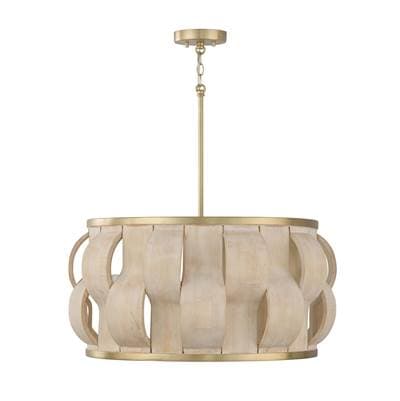27'' W x 13.5'' H 4-Light Handcrafted Drum Pendant in Matte Brass with Hand-carved Bleached Mango Wood Panels by Capital Lighting