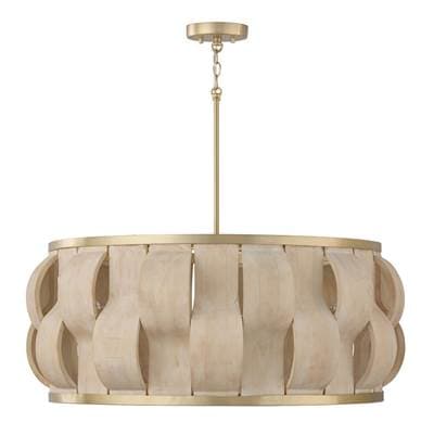 32'' W x 13.5'' H 6-Light Handcrafted Drum Pendant in Matte Brass with Hand-carved Bleached Mango Wood Panels