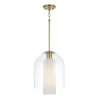 12'' W x 16.5'' H 1-Light Pendant in Aged Brass with Faux Alabaster Glass and Clear Glass Cloche