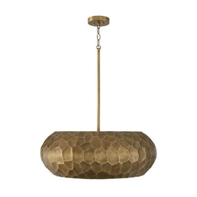 26'' W x 9.75'' H 4-Light Faceted Drum Pendant in Burnished Patinaed Brass with Handcrafted Sandcast Distressed Texture