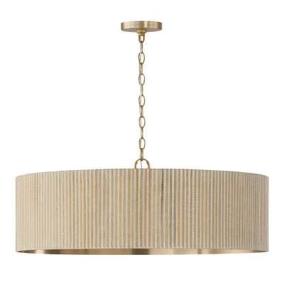 30.75''W x 11.25''H 4-Light Chandelier in Matte Brass and Handcrafted Mango Wood in White Wash