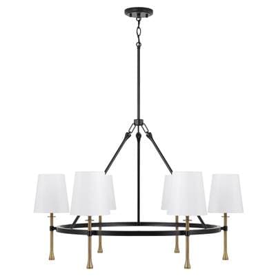 35'' W x 23.5'' H 6-Light Ring Chandelier in Matte Black with Textured Hammered Gold Tails and White Fabric Shades