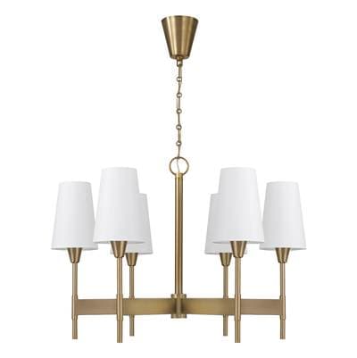 32'' W x 22.75'' H 6-Light Chandelier in Aged Brass with White Fabric Shades and Designer Canopy