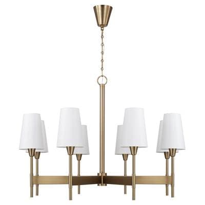 42'' W x 21'' H 8-Light Chandelier in Aged Brass with White Fabric Shades and Designer Canopy