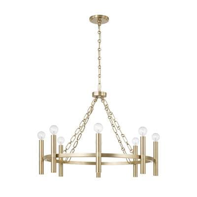 28'' W x 21'' H 8-Light Ring Chandelier in Matte Brass with Cylindrical Candlesticks and Specialty Decorative Designer Chain