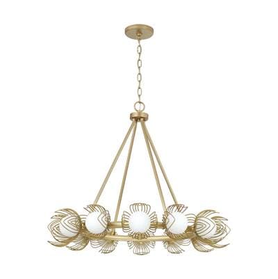 29'' W x 25'' H 12-Light Chandelier in Buffed Gold with Bent Wire Flower Petals and Soft White Glass Globes