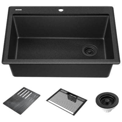 EverestE 30'' Granite Composite Workstation Kitchen Sink Drop-In Top Mount Single Bowl with WorkFlowE Ledge and Accessories in Black