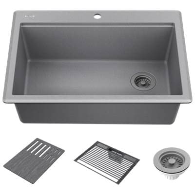 EverestE 30'' Granite Composite Workstation Kitchen Sink Drop-In Top Mount Single Bowl with WorkFlowE Ledge and Accessories in Dark Grey